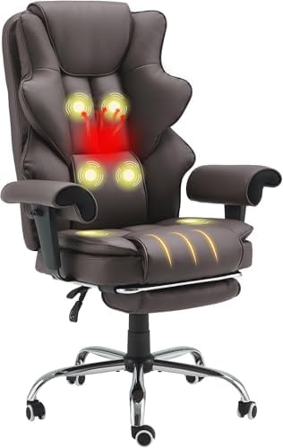 HOMREST 6-Point Massage Executive Chair,Heat Office Chair,Ergonomic Home Office Desk Chairs with Retractable Footrest and Reclining Function,Leather Computer Chair with Adjustable Armrest(‌Brown)