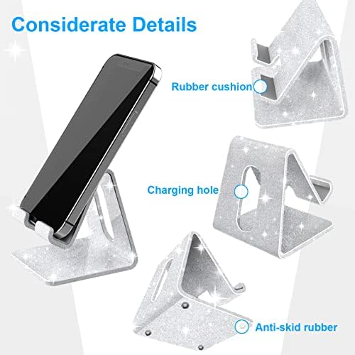 Crpich Acrylic Cell Phone Stand, Portable Phone Holder, Phone Stand for Desk, Compatible with Phone16 15 14 13 12 Pro Max Mini 11 Xr Plus SE, Switch, Android Smartphone, Pad, Tablet, Glitter Silver