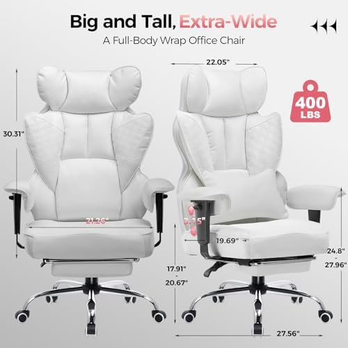 GTPLAYER Big and Tall Gaming Chair 400lbs Heavy Duty Office Chair with Foot Rest & Ergonomic Pocket Spring Lumbar Support, High Back 3D Saddle Shaped Cushion for Back Pain Relief, White