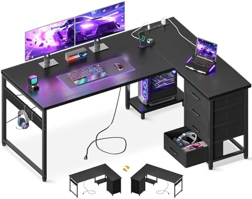 AODK 53" L Shaped Gaming Desk with 4 Drawers and Power Outlets, Black