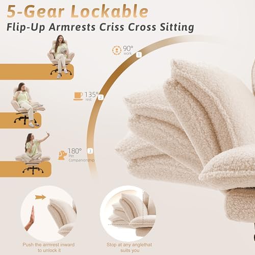 Wider Seat Office Chair with Flip Armrests for Criss Cross Legged&Cats, Big and Tall Executive Ergonomic Reclining Chair with Footrest&Lumbar Pillow, Teddy Fleece Desk Chair,Beige Vanity Chair