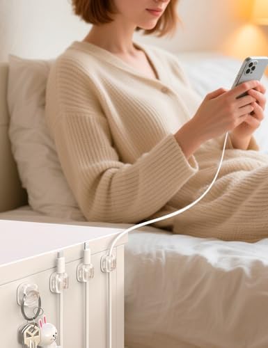 Cable Clips,12Pack Cord Holder Cord Organizer [1s Lock & Strongest Adhesive] Spring Cord Clips Phone Charger Wire Desk Cable Management Nightstand Home Office School Decor Women Desk,Transparent Clear