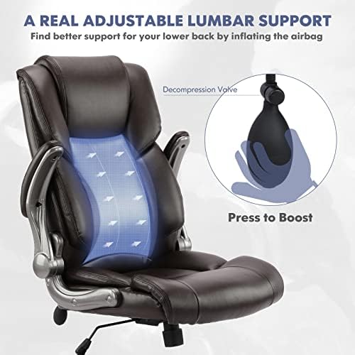 COLAMY High Back Executive Office Chair- Ergonomic Home Computer Desk Leather Chair with Padded Flip-up Arms, Adjustable Tilt Lock, Swivel Rolling Chair for Adult Working Study-Brown