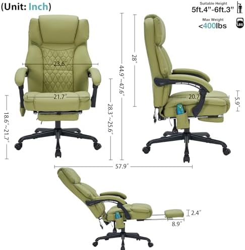 Massage Office Chair with Foot Rest 6 Points Vibration and Heat Home Office Desk Chairs for Heavy People 400lbs Reclining Managerial Chairs Ergonomic Executive Chair (Green)