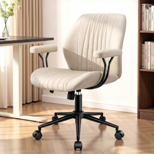 Leather Office Chair with Removable Armrests, Mid Back Ergonomic Desk Chair with Lumbar Support, Adjustable Height Rocking Swivel Executive Chair for Home Office, White