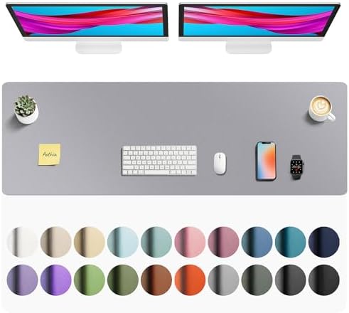 Aothia Faux Leather Desk Mat - Non-Slip PU Leather Desk Blotter, Waterproof Writing Surface, Large Desk Pad for Office & Home (Light Grey, 55" x 17")