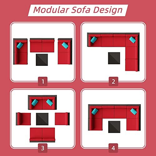 Shintenchi 7 Pieces Patio Furniture Sets Outdoor All-Weather Sectional Patio Sofa Set PE Rattan Manual Weaving Wicker Patio Conversation Set with Glass Table&Ottoman Cushion and Red Pillows, Red