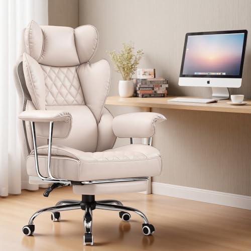 COMHOMA Big and Tall Office Chair, High Back Leather Gaming Chair with Footrest, Executive Ergonomic Office Chairs with Pocket Spring Lumbar Support and with Outward Fixed Soft Armrests