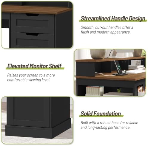 55-inch Farmhouse Executive Desk with 2 Drawers and File Cabinet