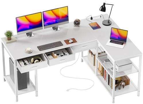PRAISUN 55 Inch L Shaped Office Desk with Power Outlets and Type-C Port, Large Computer Gaming Desk with 3 Fabric Drawers, Mesh Shelves, Corner Study Work Writing Desk, White