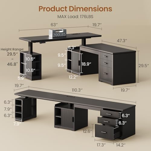 SEDETA Fluted L Shaped Electric Standing Desk, 63" x 67" Height Adjustable Home Office Executive Desk with Drawers and Shelves, Two Person Desk with Power Outlet for Home Office, Black