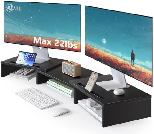 WALI Extra Long Wooden Dual Monitor Stand Riser with 2 Slots, up to 22lbs