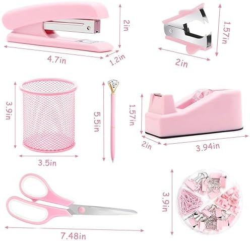 Pink Desk Accessories, Pink Office Supplies, Stapler, Staple Remover, Tape Holder, Pen Holder, Ballpoint Pen, Scissor, Binder Clips, Paper Clips and 1000pcs Staples.