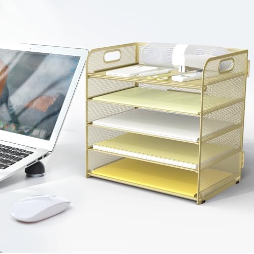 Sinboun Letter Tray Paper Organizer 5-Tier Desk Organizer File Organizer Paper Holder with Handle, Metal Desktop Document Shelf Tray Office Classroom Organization - Gold