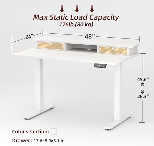 TIQLAB Standing Desk with Two Drawers, Stand Up Standing Desk Adjustable Height, Electric Sit Stand Table with Storage Shelf and Splice Board, 48 * 24 inch, White Wicker