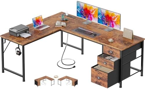 Furologee 63" L Shaped Desk, Office Corner Desk with Power Outlets, Brown