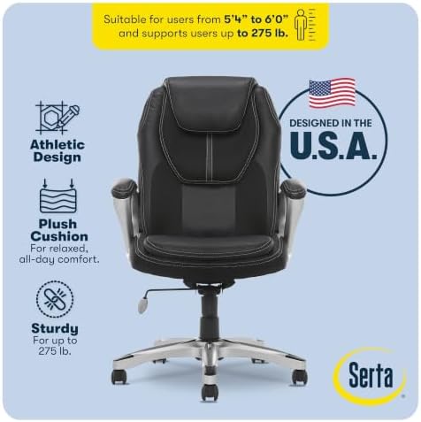 Serta Ergonomic Executive Office Chair, Padded Arms Mesh Back Leather Chair