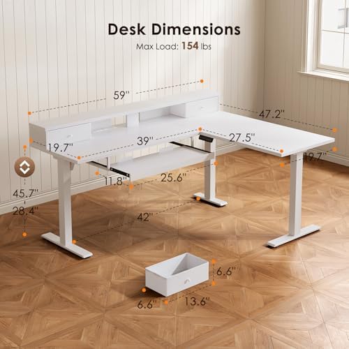 OffiGo 59 Inch L Shaped Electric Standing Desk with Drawers, White