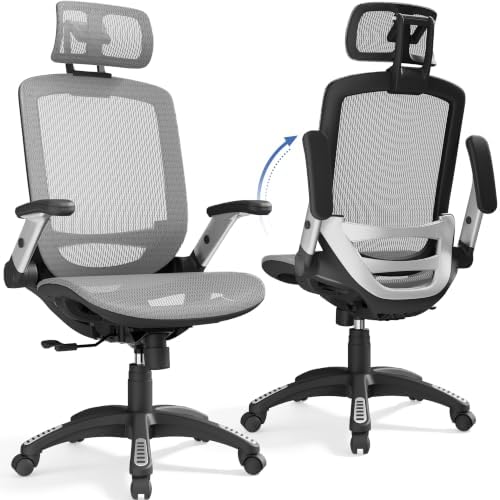 GABRYLLY Ergonomic Office Chair, High Back Home Desk Chair with Headrest, Flip-Up Arms, 90-120° Tilt Lock and Wide Cushion, Big and Tall Mesh Chairs for Man Woman, Grey Task Chair