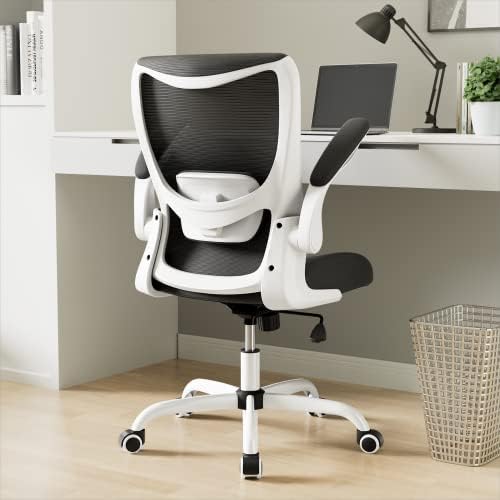MUXX.STIL Office Chair, Ergonomic Desk Chair with Adjustable Lumbar Support and Flip up Armrest, Breathable Mesh Computer Chair for Home Office, White