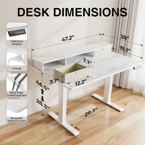 Veken 47x28 in Electric Standing Desk with Drawers, Adjustable Table, White