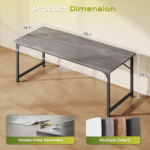 PRAISUN 55 Inch Computer Desk, Office Desk, Spacious Desktop, Grey