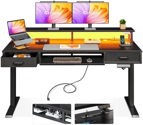 AODK 55 Inch Electric Standing Desk with Drawers & Keyboard Tray, Black