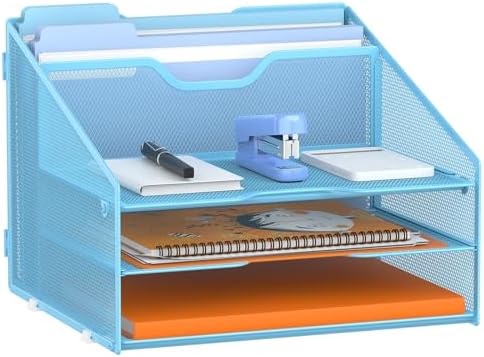GAWERK Letter Tray Organizer, Mesh Desk File Organizer with 3 Paper Trays and 2 Vertical Upright Section (Blue)