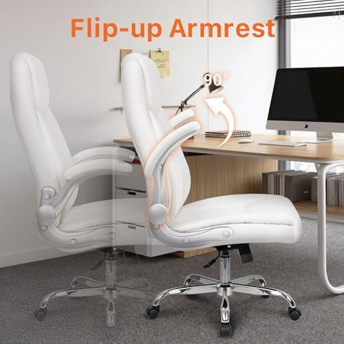NEO CHAIR Office Desk Chair, High Back PU Leather with Flip-up Arms, White