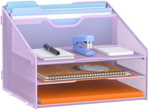 GAWERK Letter Tray Organizer, Mesh Desk File Organizer with 3 Paper Trays and 2 Vertical Upright Section (Purple)