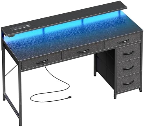 Huuger Gaming Desk with 6 Drawers, Computer Desk with LED Lights Power Outlets and Type-C, 47 Inch Office Desk with Storage, Monitor Stand, Writing Desk Work Desk Home Office, Bedroom, Black