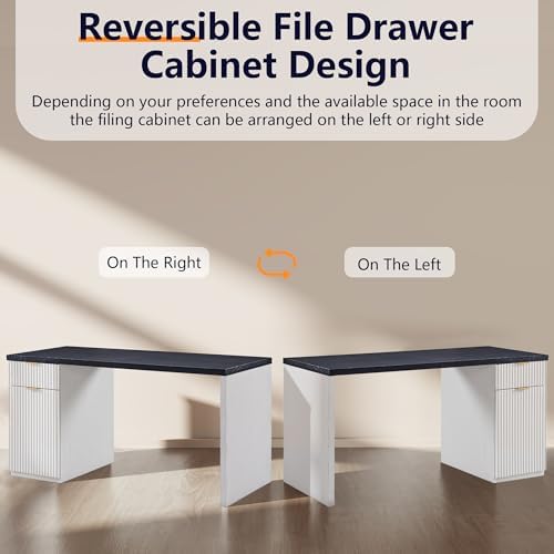 60" Fluted Home Office Desk, Reversible Left‑Right Cabinet, Built‑in Outlet