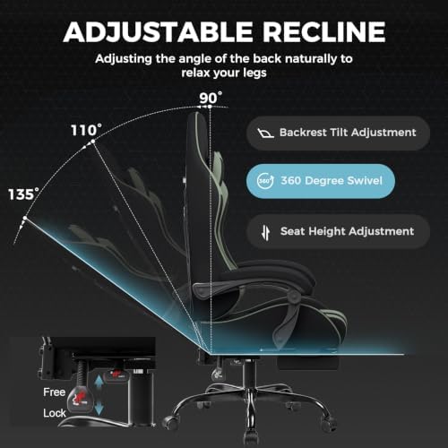 GTPLAYER Gaming Chair, Computer Chair with Footrest and Lumbar Support, Height Adjustable Game Chair with 360°-Swivel Seat and Headrest and for Office or Gaming (Green, Fabric)