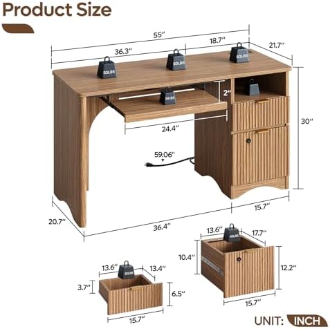 Bestier 55" Office Desk with Locking File Drawer & Charging, Brown