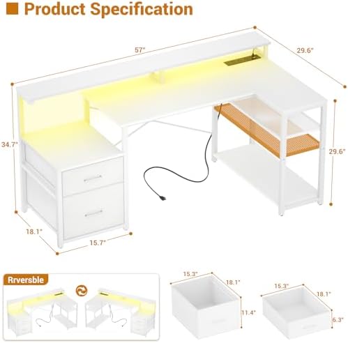 Aheaplus L Shaped Desk with File Drawer, Reversible L Shaped Gaming Desk