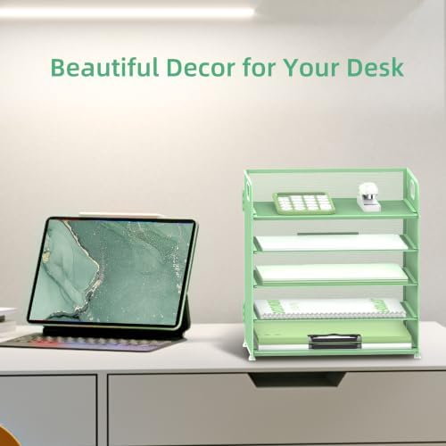 Supeasy 5 Trays Paper Organizer Letter Tray with Handle-Mesh Desk File Holders, Paper Sorter Desk Organizer for Office, Home, Classroom or School(Mint Green)