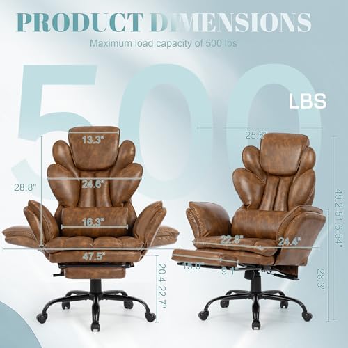 Flip Armrests Criss Cross Office Chair, Reclining Office Chair with Foot Rest, Adjustable Headrest, Massage Waist Pillow, Cross Legged Big and Tall Desk Chair Wide Seat Vanity Chair, Brown PU Leather