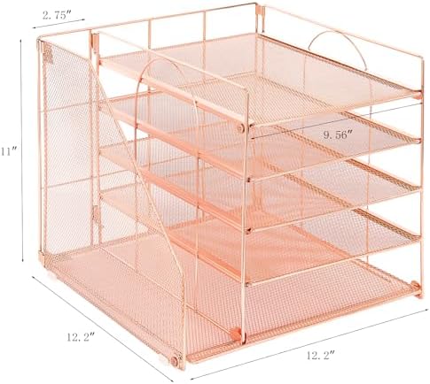 LEKETREE Desk Organizers and Accessories, 5-Tier Paper Letter Tray Organizer with File Holder, Desktop Organizer for Office Supplies (Rose Gold)