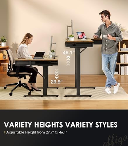 OffiGo 55 Inch L Shaped Electric Standing Desk with 4 Drawers, Rustic Brown