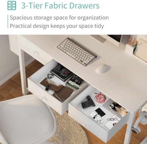 Lufeiya Small White Computer Desk with Drawers for Home Office Bedroom, 40 Inch Vanity Desk with Fabric Drawer Storage and Side Pouch, Study Writing Table, White