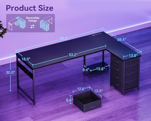 AODK 67" L Shaped Gaming Desk with 4 Drawers and Power Outlets, Black