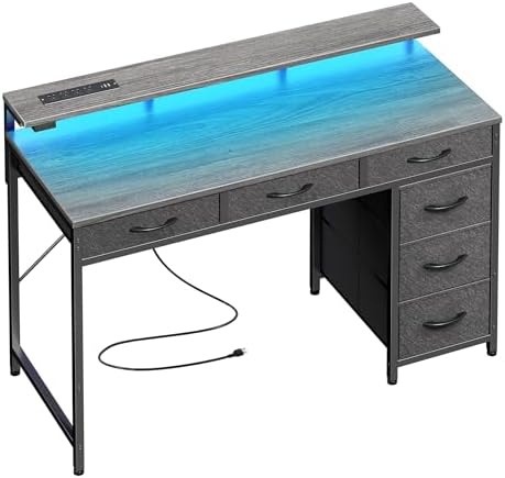 Huuger Gaming Desk with 6 Drawers, Computer Desk with LED Lights Power Outlets and Type-C, 39 Inch Office Desk with Storage, Monitor Stand, Writing & Work Desk for Home Office, Bedroom, Grey