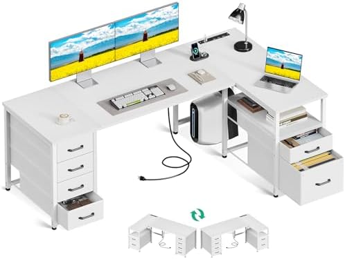 Coleshome 63 Inch L Shaped Office Desk with 6 Drawers, Power Outlet, White