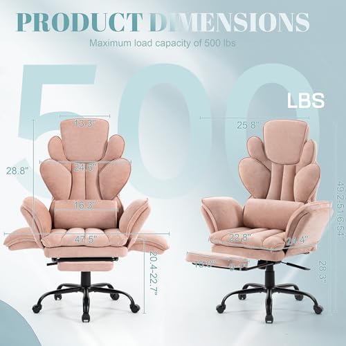 Flip Armrests Criss Cross Office Chair, Reclining Office Chair with Foot Rest, Adjustable Headrest, Massage Waist Pillow, Cross Legged Big and Tall Desk Chair Wide Seat Vanity Chair, Pink Fabric