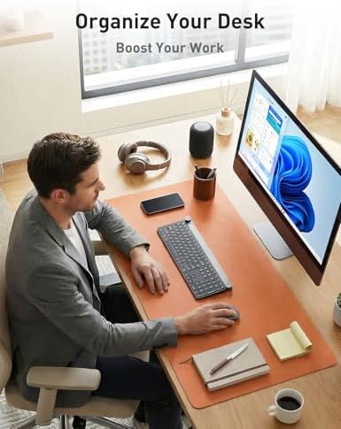 Aothia Faux Leather Desk Mat - Non-Slip PU Leather Desk Blotter, Waterproof Writing Surface, Large Desk Pad for Office & Home (Hermes Orange, 55" x 24")