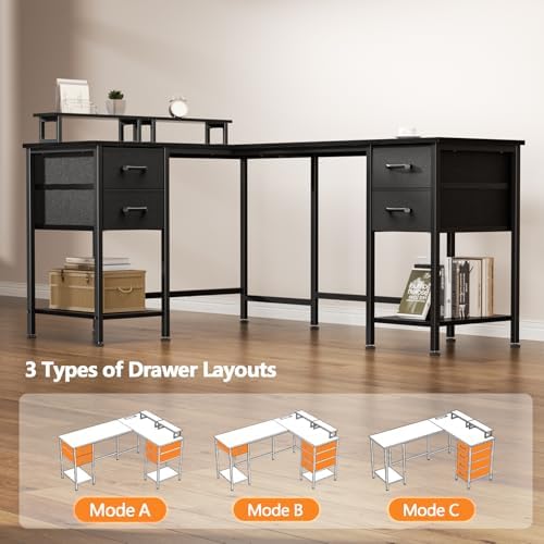 Korfile 59 inch L Shaped Computer Desk with Power Outlets, Black