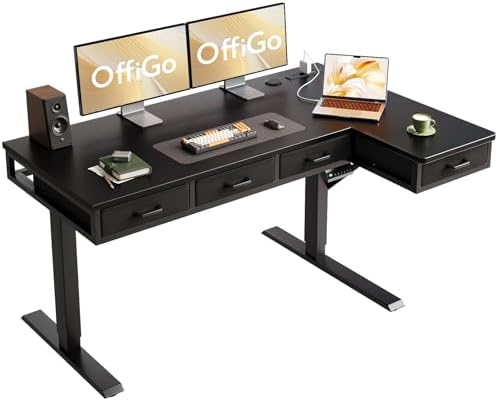 OffiGo 55 Inch L Shaped Electric Standing Desk with 4 Drawers, Black