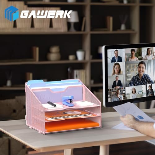 GAWERK Letter Tray Organizer, Mesh Desk File Organizer with 3 Paper Trays and 2 Vertical Upright Section (Pink)