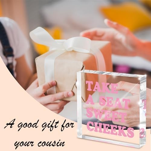 Take a Seat Sweet Cheeks Pink Acrylic Wall Decal, 4x4 Inch Fun Bathroom Decor, Quirky Desk Sign, Retro Humor Print for Girls Bedroom, Dorm and Gag Gift