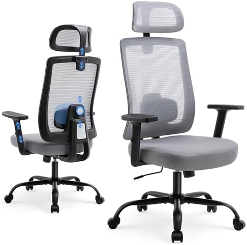 Shintenchi Mesh Office Chair, Ergonomic Home Office Desk Chair with Adjustable Lumbar Support, Headrest, 90°-135° Tilt, Computer Chair for Home Office, Gray Task Chair